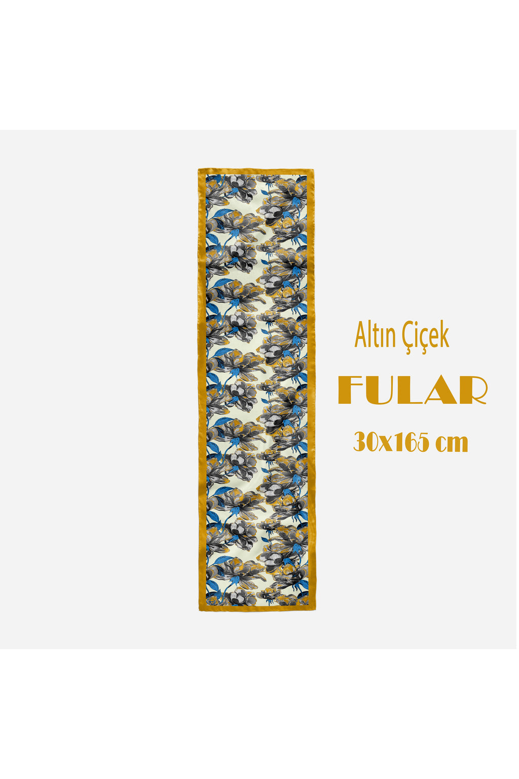 Altın Çiçek Desen Kadın Saten Fular 30x165cm - görsel 2