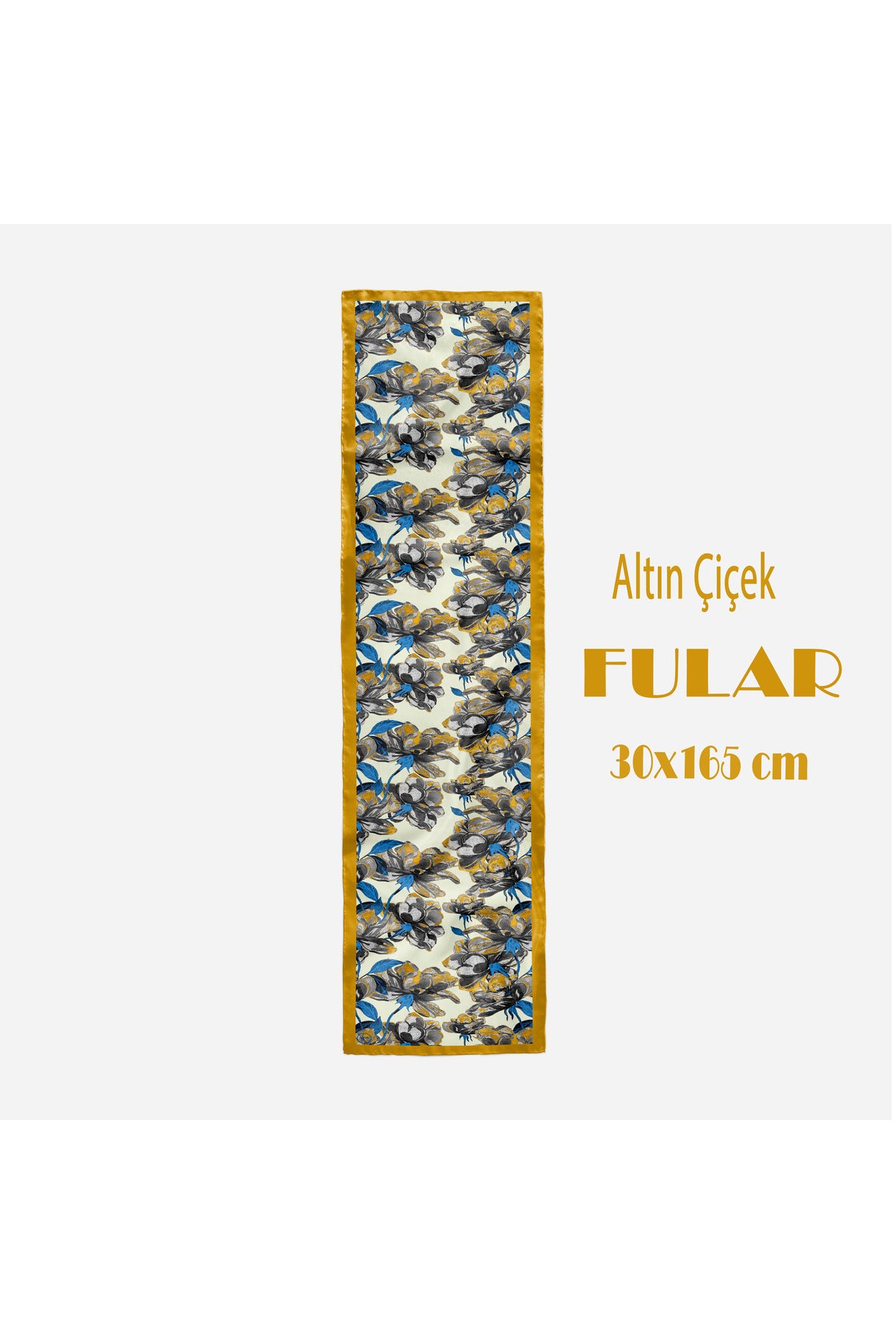 Altın Çiçek Desen Kadın Saten Fular 30x165cm - görsel 2