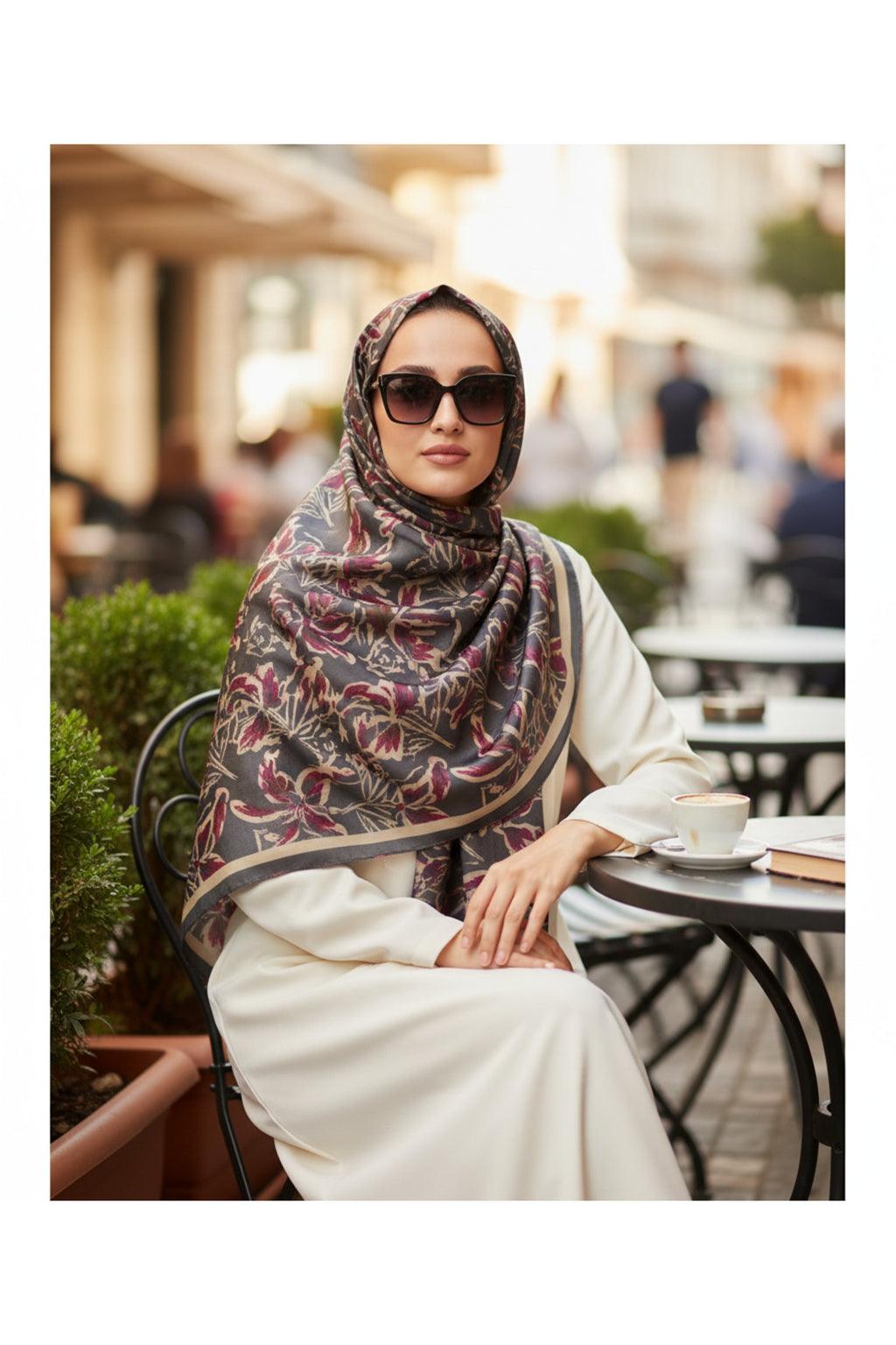 Vivid Floral Desen Pure Touch Koton Şal 75x185cm - Antrasit-Vizon-Bordo