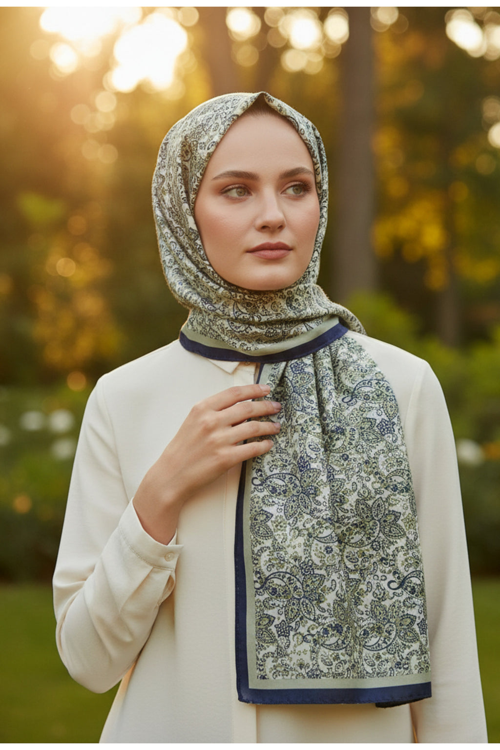 HÜMAYUN Etnik Desen Pure Touch Koton Şal 75x185cm - Haki