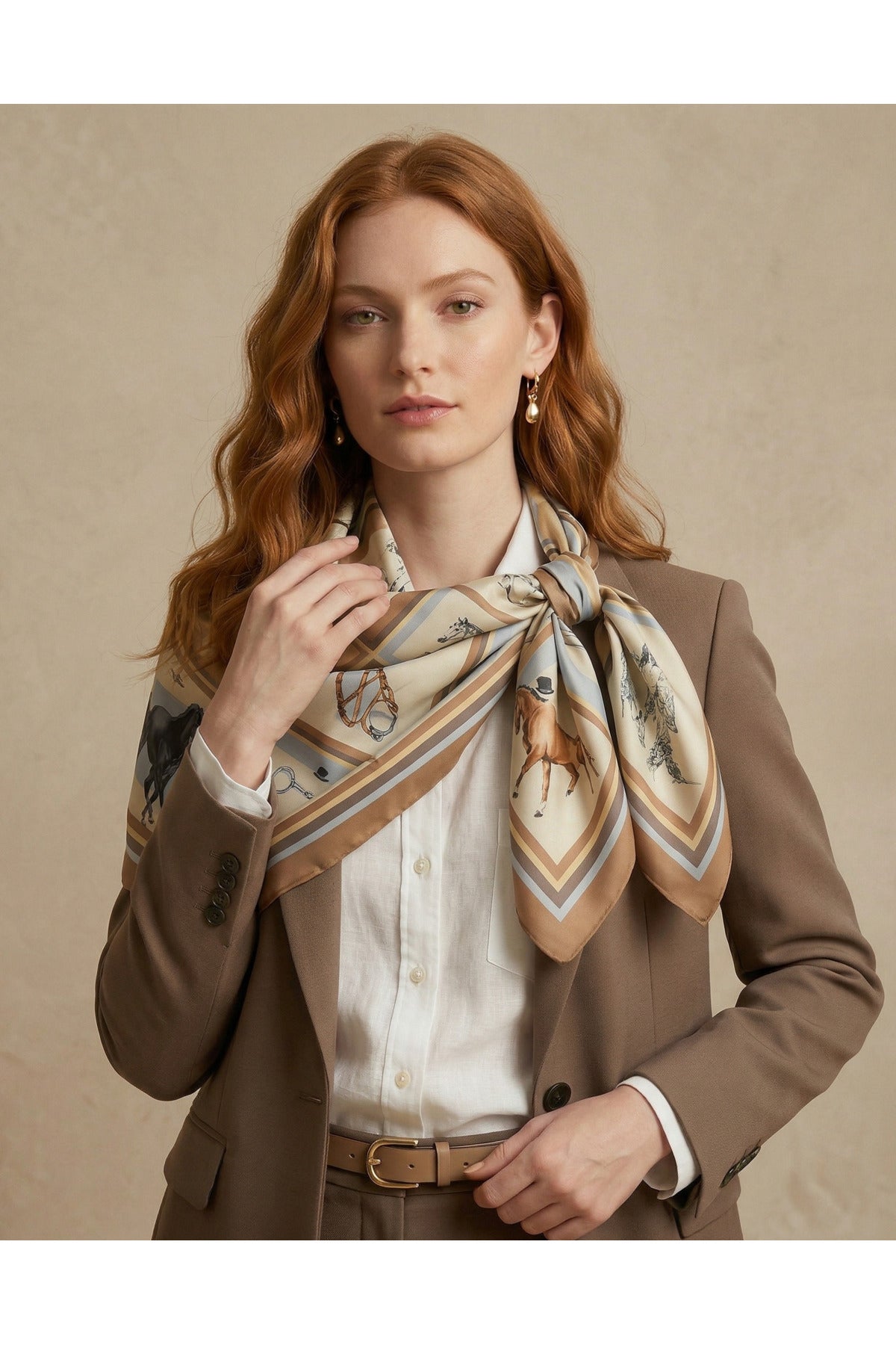 HORSE İCONS Scarf Desen 90X90cm Eşarp/Fular - Kahverengi-Taba