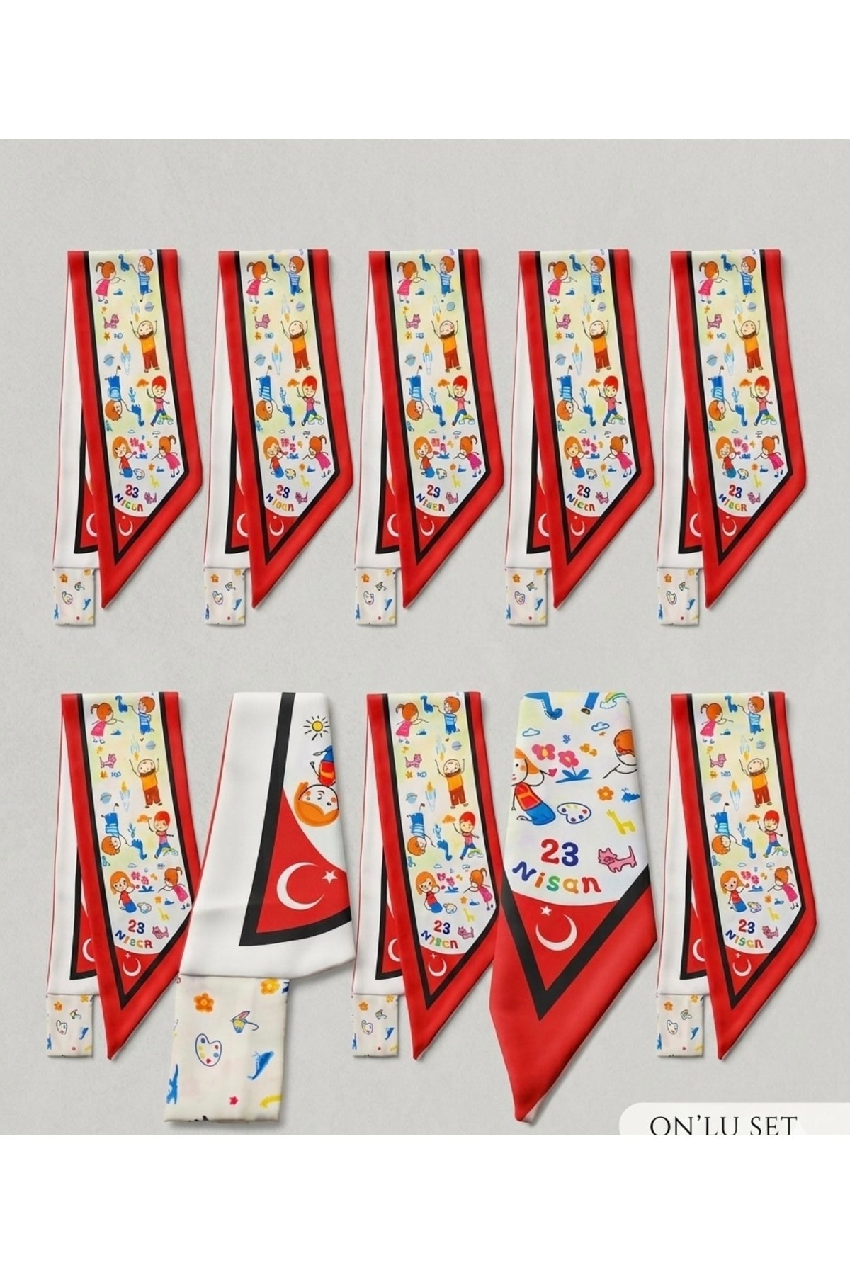10’lu Paket 23 Nisan Temalı Desen Kravat/Fular - Çok Renkli