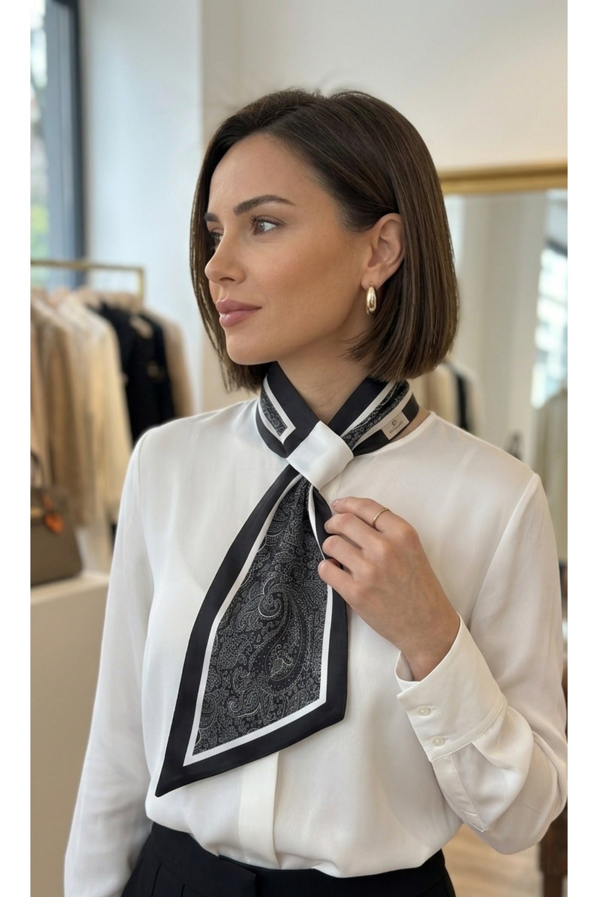 Black And White Paisley Desen Kravat/Fular - görsel 4