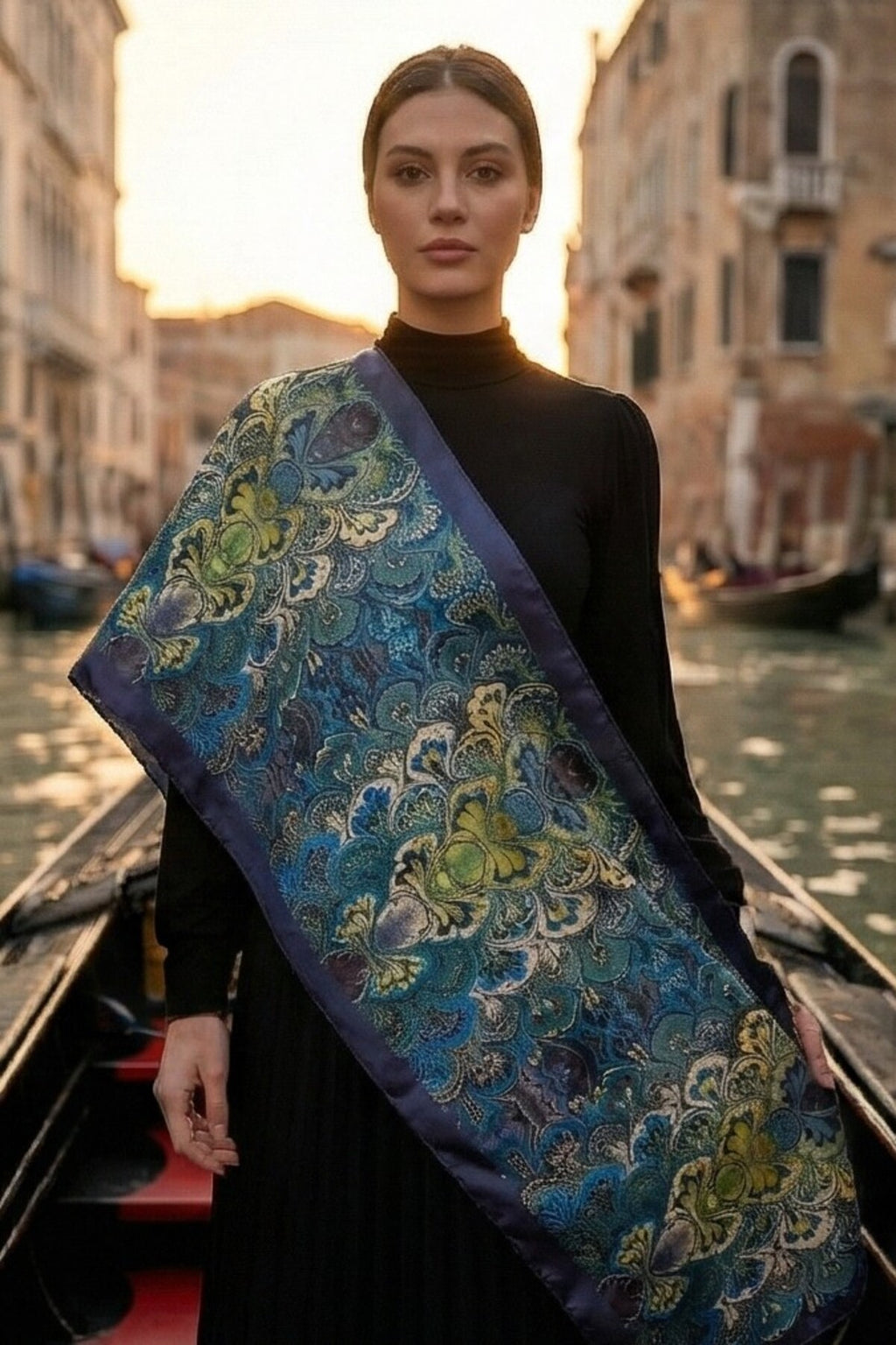 VENEDİK GECESİ Desen Şık & Zarif Kadın Aksesuarı Saten Fular 30x165cm - görsel 3