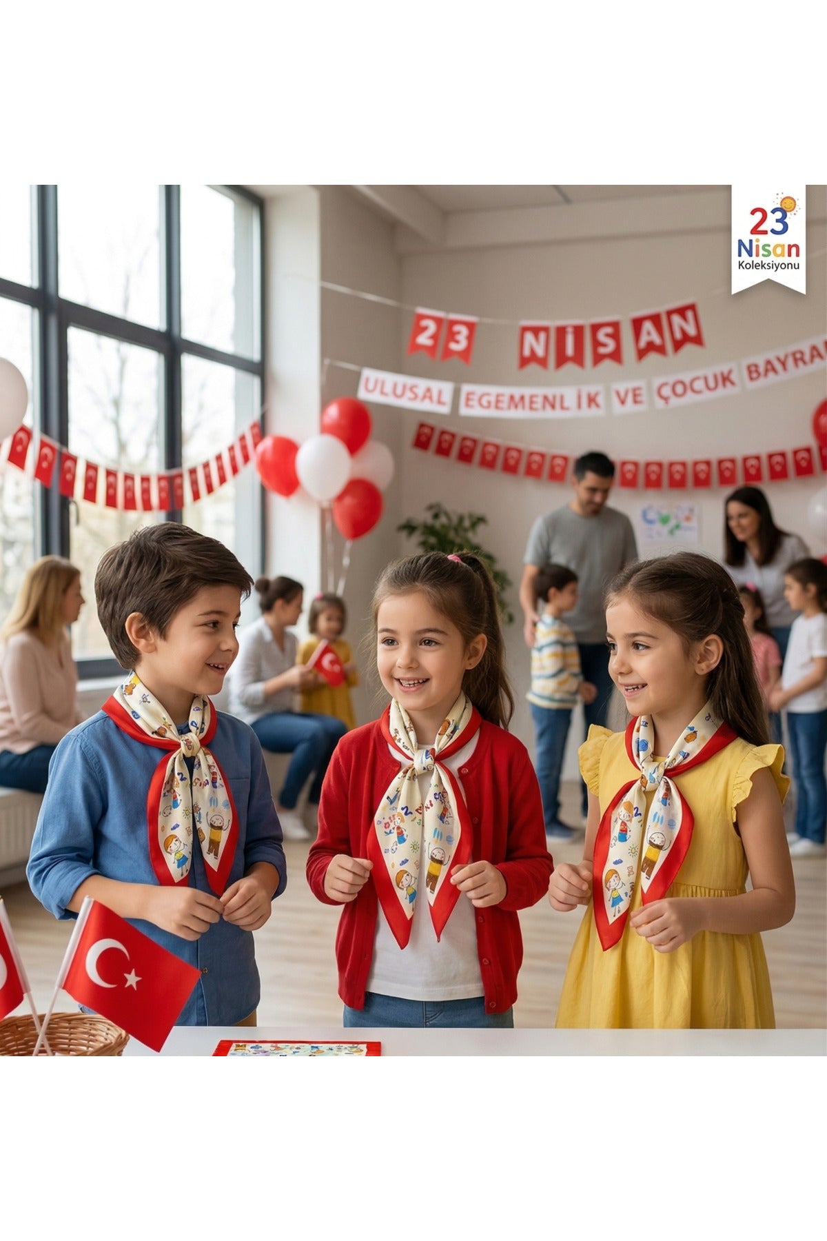 23 NİSAN ÇOCUK BAYRAMI TEMALI ÇOCUK FULAR 30x85 cm - Çok Renkli